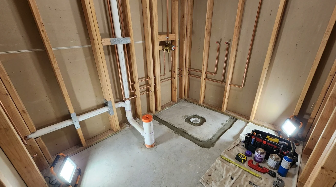 Bathroom rough-in plumbing during remodel by Johns Plumbing LLC in Westlake Village