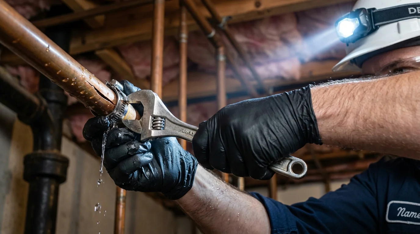 Emergency pipe clamp repair being performed by a Johns Plumbing LLC plumber in Westlake Village