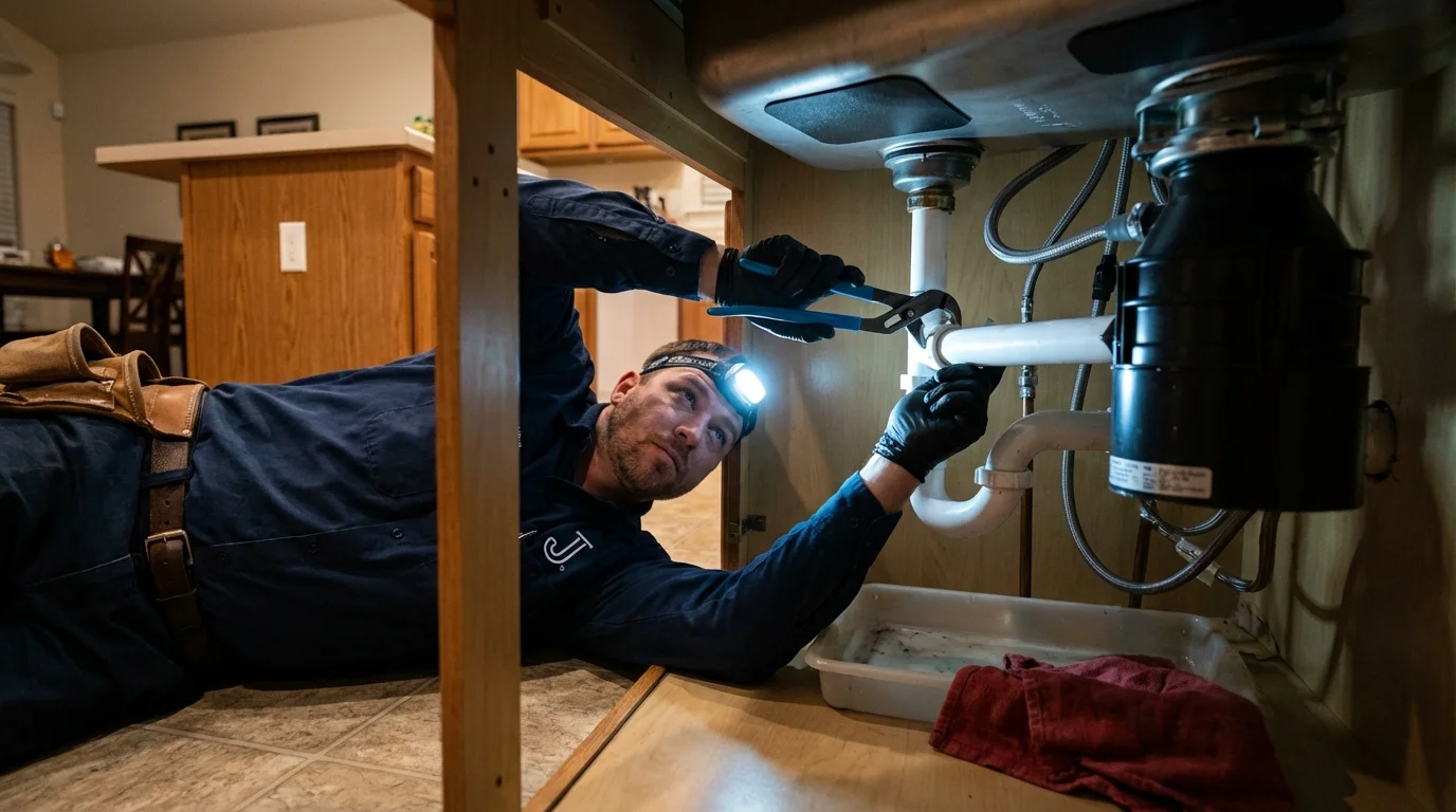 P-trap and supply line connections under a kitchen sink showing a common leak point in Westlake Village, CA